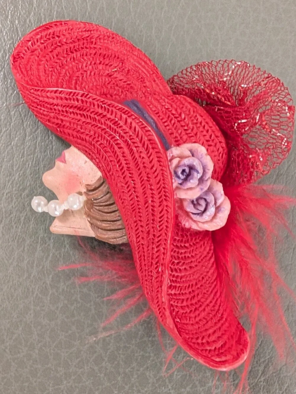 Red Decorative Ladies Hat Brooch with Purple Flower Accents
